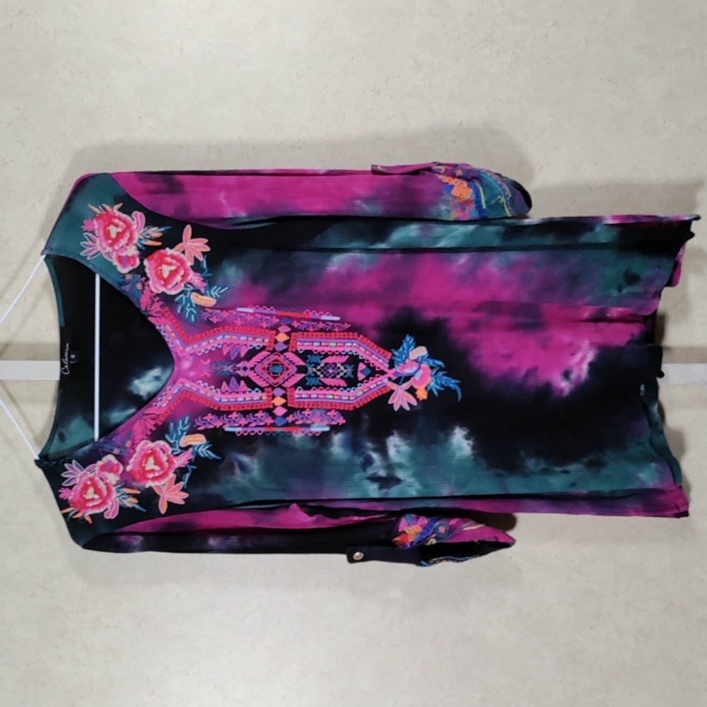 *E131 Calesas fuchsia & green floral embroidered tunic S CLEARANCE